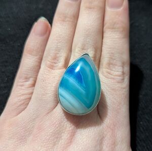 Silver Plated Blue And White Agate Gemstone Teardrop Statement Ring - Size 7-9